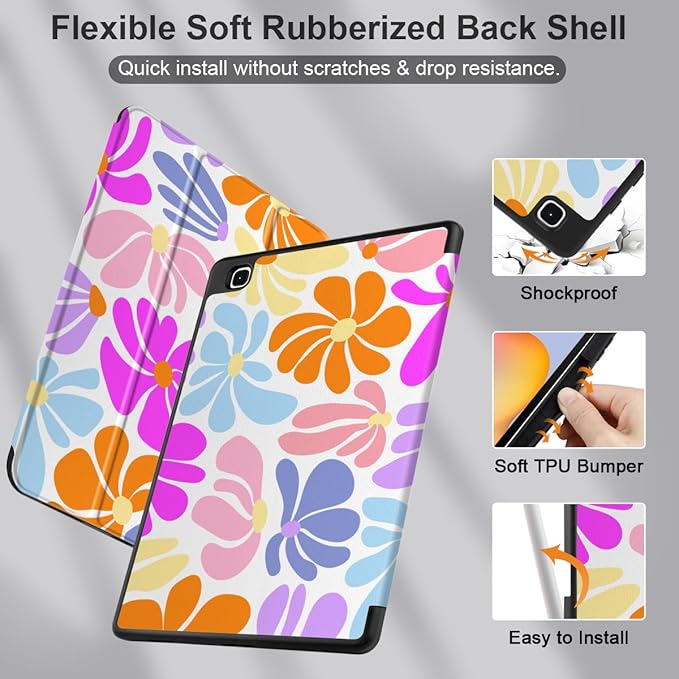 DONGKE Case for Samsung Galaxy Tab S6 Lite 10.4 Inch 2024/2022/2020, Trifold Stand + S Pen Holder + Auto Wake/Sleep + Soft TPU Protective Stand Back Cover, Retro Flowers