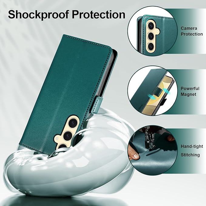 Wallet Flip Case for Samsung Galaxy S25 5G - [RFID Blocking] Luxury PU Leather Card Holder Magnetic Phone Cover with Kickstand,Shockproof Protective Case,Green