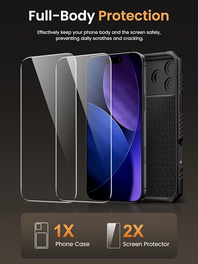 Vihibii for iPhone 17 Pro Max Case with [2X Screen Protector], Built-in Card Holder (4 Cards), [RFID Blocking] & Slide Camera Cover & Tempered Glass Films, Rugged Wallet Case for 17 Pro Max, Black