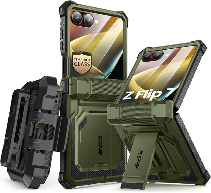 i-Blason for Samsung Galaxy Z Flip 7 Case with Stand, [Tempered Glass Screen Protector] [Hinge Protection] [Belt-Clip], Full-Body Military Protection Phone Case for Samsung Z Flip 7, Armorbox, Green