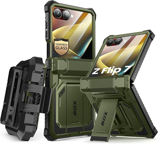 i-Blason for Samsung Galaxy Z Flip 7 Case with Stand, [Tempered Glass Screen Protector] [Hinge Protection] [Belt-Clip], Full-Body Military Protection Phone Case for Samsung Z Flip 7, Armorbox, Green