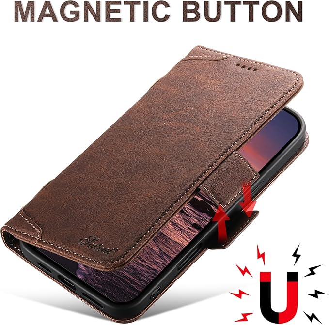 Leather Magnetic Wallet Case for iPhone 17 Air Compatible With MagSafe & Wireless Charging, 3 Card Slots & ID Holder, Kickstand, 360° Military Shockproof Protection for phone17air Premium Brown