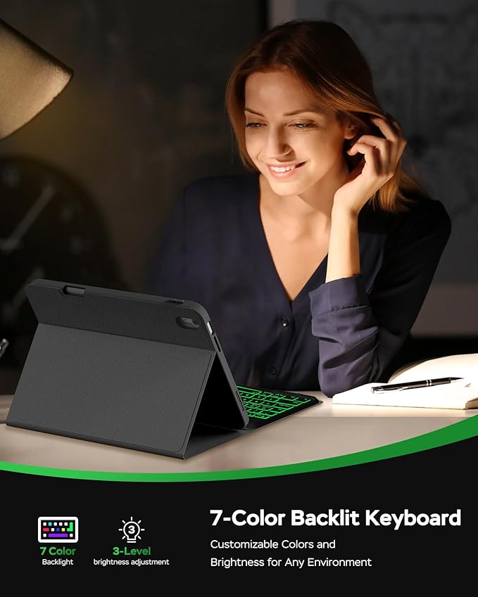 Folio Keyboard Case for iPad 10th Gen 10.9 inch (2022) and iPad 11th (A16, 2025), Magnetic Wireless Detachable Keyboard, 7-Color Backlight, Thin & Light, Pencil Holder (Black)