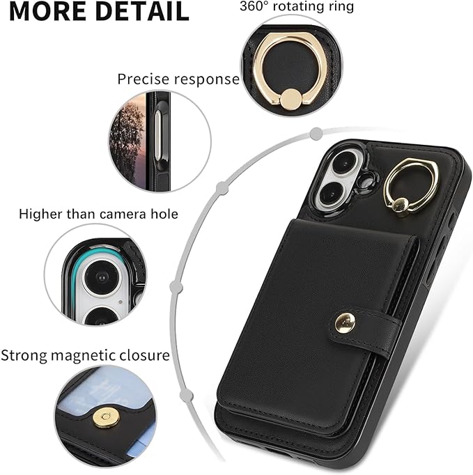 Compatible iPhone 16 Plus Wallet Case with Card Holder RFID Blocking PU Leather Doubles as a Wallet Unisex Flip Shockproof Protection with Card Slots Ring Wrist Kickstand Function,Black