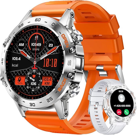 Military Smart Watch for Men(Answer/Dial Calls),100 Sports Modes, 5ATM Waterproof,1.39''HD Touchscreen Fitness Watch,with Heart Rate/Blood Pressure/SpO2 for Android/iOS Smart Watch Orange