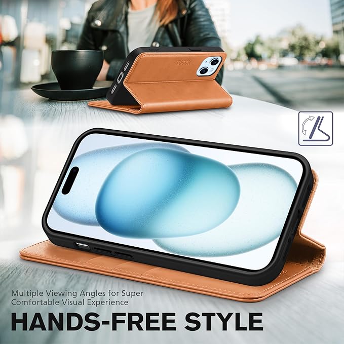 TUCCH Wallet Case for iPhone 15 5G, [RFID Blocking] 3 Credit Card Holder Case Wallet, Kickstand PU Leather Folio Flip Cover [TPU Interior Protective Case] Compatible with iPhone 15 6.1",Light Brown