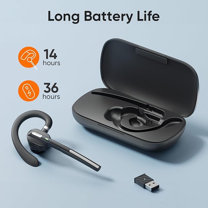 Wireless Work Bluetooth Headset with Microphone 500mAh Charging Case USB Dongle Call Noise Canceling Mic for PC Computer, Laptop, Cell Phones, Remote Work, Call Center, Trucker Work