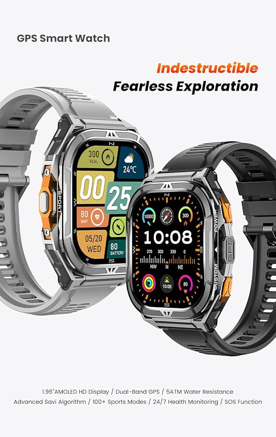 2025 GPS Sports Smart Watch for Men & Women, 1.96" AMOLED Display Fitness Tracker with Heart Rate, Blood Oxgn, Sleep Monitor, 100+ Sports Modes, Waterproof 5ATM, Compatible with Android & iOS (Black)