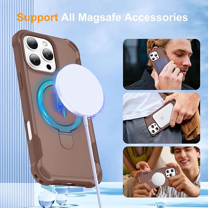 Compatible with iPhone 16 Pro max Case with Invisible Magnetic Ring Stand [Compatible with Magnetic] [Military Drop Protection] Shockproof Hard Back Soft Edge Promax Case 6.9 Inch, Khaki