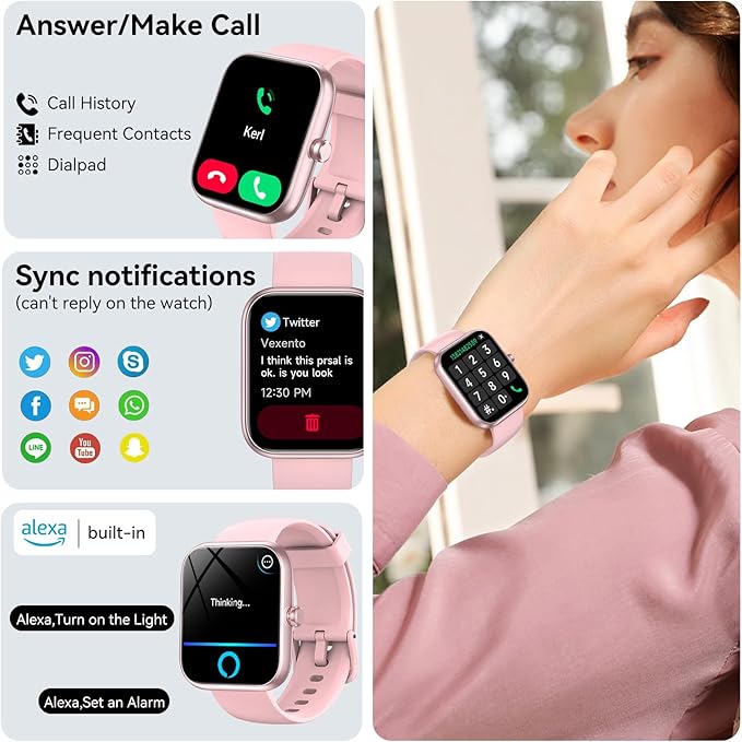 Smart Watch with Alexa Built-in, 1.83" HD Touchscreen, Bluetooth Calling Fitness Tracker, Health Monitor Heart Rate/Sleep Tracking, IP68 Waterproof, 120+ Sports Modes for Android iPhone (Pink)