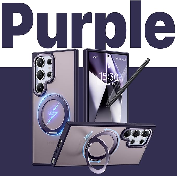 QTlier Phone case for Galaxy S24 Ultra& S25 Ultra- 360 Rotatable Magnetic Ring Stand, Military-Grade Protection, Raised Camera Frame (Purple, S24 Ultra)