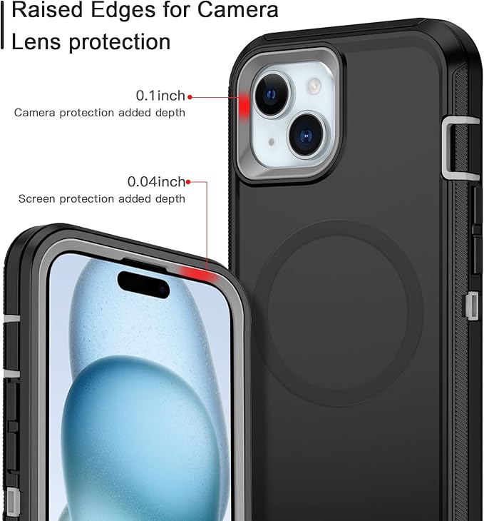 for iPhone 13/14/15 Case [Compatible with MagSafe] Shockproof 3-Layer Full Body Protection Rugged Heavy Duty Cover Case for Apple iPhone 13/14/15 6.1",Black/Grey