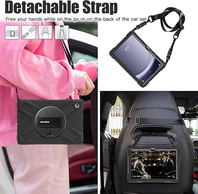 BRAECNstock for Samsung Galaxy Tab A9+ Plus Case 11 inch (SM-X210/X216/X218) Shockproof Protective Tab A9+ Plus Kids Case with Screen Protector Pen Holder Rotating Hand Strap+Stand, Black