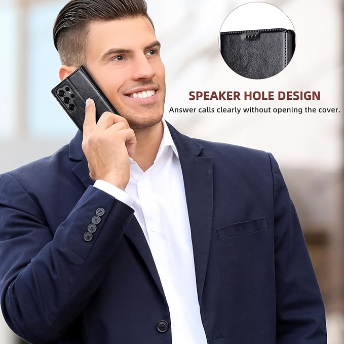 for Samsung Galaxy S23 Ultra Wallet Case, Genuine Leather Flip Folio Cover with RFID Blocking Card Holder & Kickstand, [Shockproof TPU Inner Shell] for Samsung Galaxy S23 Ultra, Black