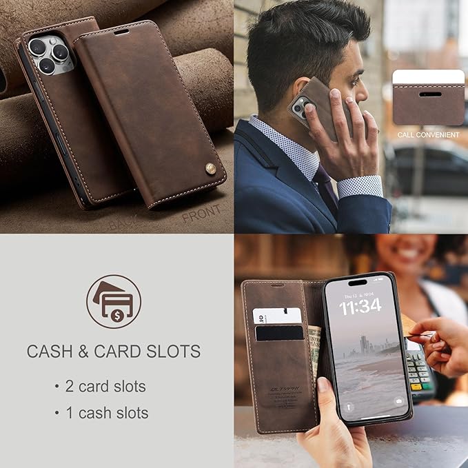 QLTYPRI for iPhone 16 Pro Case Wallet with Card Holder, Vintage PU Leather Kickstand Magnetic Closure Shockproof Folio Book Cover Case for iPhone 16 Pro - Coffee Brown