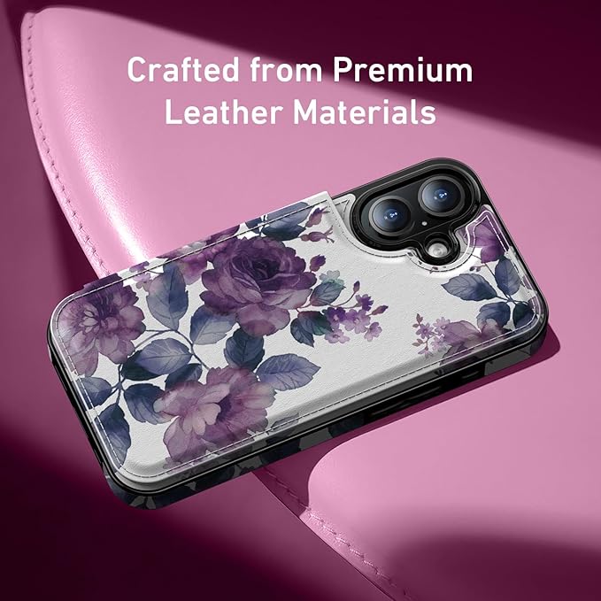 FUNMIKO for iPhone 16 Wallet Case with Card Holder, RFID-Blocking, Military-Grade Protection & UV-Printed Artwork, Magnetic Closure with Leather Kickstand - Elegant Purple Floral