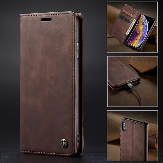 for iPhone X/iPhone Xs Case, Flip Wallet Leather Case with Card Holder Magnetic Closure Shockproof Kickstand Protective Phone Cases Cover for iPhone X, Coffee
