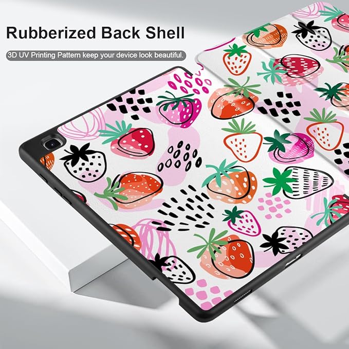 DONGKE Case for Samsung Galaxy Tab S6 Lite 10.4 Inch 2024/2022/2020, Trifold Stand + S Pen Holder + Auto Wake/Sleep + Soft TPU Protective Stand Back Cover, Strawberry