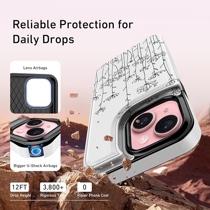 FUNMIKO for iPhone 13 Wallet Case with Card Holder, RFID-Blocking, Military-Grade Protection & UV-Printed Artwork, Magnetic Closure with Leather Kickstand - Elegantly Sketched Flower