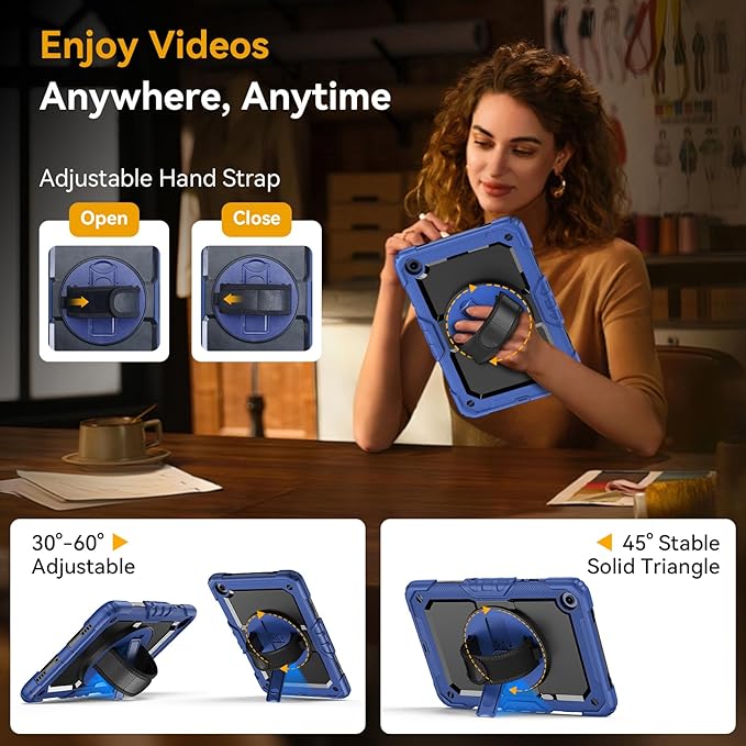 Case for Samsung Galaxy Tab A9+/A9 Plus 11 Inch 2023(SM-X210/X216/X218), Ubearkk Full-Body Drop Protection Case with Screen Protector, 360° Rotating Stand and Hand/Shoulder Strap, Navy Blue