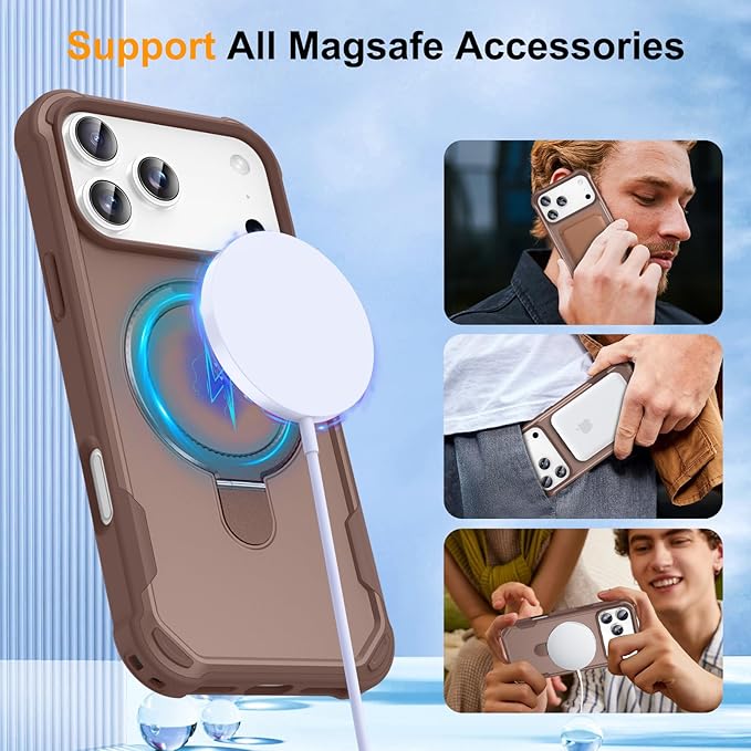 Compatible with iPhone 17 Pro Case with Invisible Magnetic Ring Stand [Compatible with Magnetic] [Military Drop Protection] Shockproof Slim Hard Back Soft Edge Case 6.3 Inch, Khaki