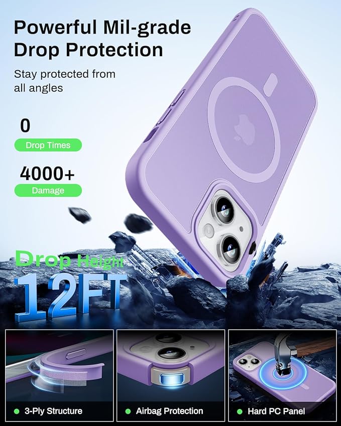 Magnetic for iPhone 13 Case & iPhone 14 Case, Compatible with MagSafe, Military Grade Drop Protection, Slim Shockproof Anti-Fingerprint Translucent Matte Phone Protective Cover, Light Purple