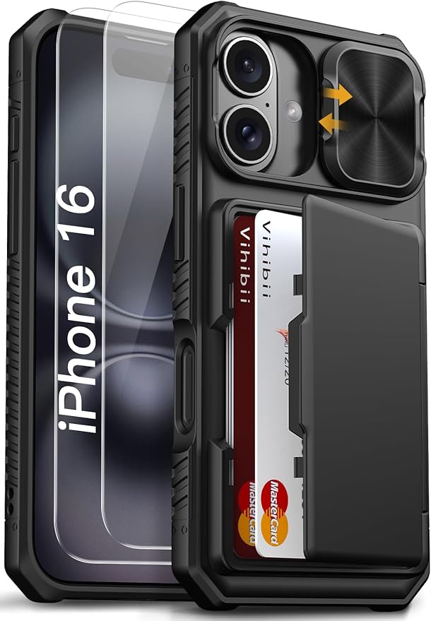 Vihibii for iPhone 16 Case with [2X Screen Protector], Built-in Card Holder (4 Cards), [RFID Blocking] & Slide Camera Cover & Tempered Glass Films, Rugged Wallet Case for 16 6.1" 2024, Black