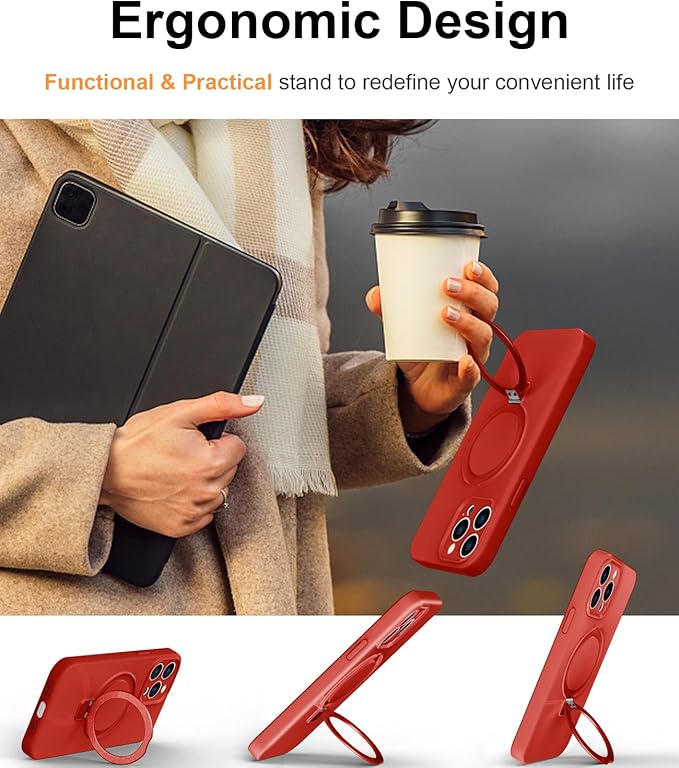 ZHK Liquid Silicone Designed for iPhone 12 pro Case with Magnet Stand, [Precise Camera Lens Protection][Mil-Grade Drop Shockproof][Soft Anti-Scratch Microfiber Lining] Slim Fit Cover, Red