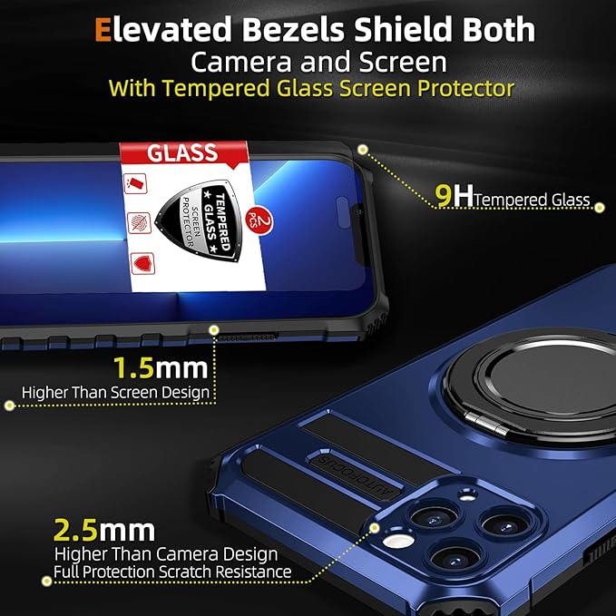 for iPhone 13 Pro Max Case Magnetic Compatible with Wireless Charging,Phone Case with 2 Screen Protectors,Built-in Kickstand Ring Military Grade Drop Shockproof Heavy Duty Protection Blue