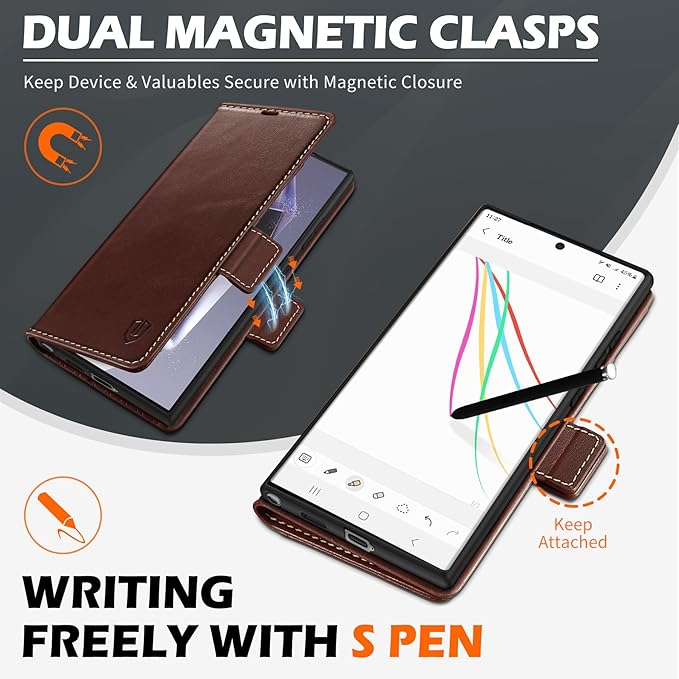 SHIELDON Case for Galaxy S25 Ultra 5G, Genuine Leather Folio Wallet Magnetic Kickstand RFID Blocking Card Slots Shockproof Protective Cover Compatible with Galaxy S25 Ultra 6.9" 2025 - Retro Coffee