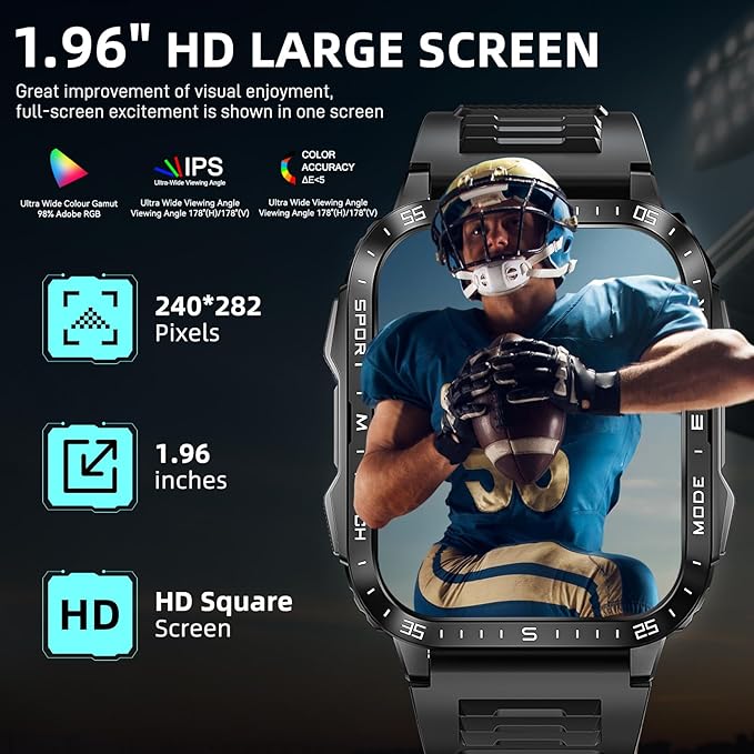 Military Smart Watches for Men (Make/Answer Call) with LED Flashlight 1.96" Big Screen 430mAh Fitness Tracker with Sport Modes Heart Rate Monitor Rugged Smartwatch for iPhone Android