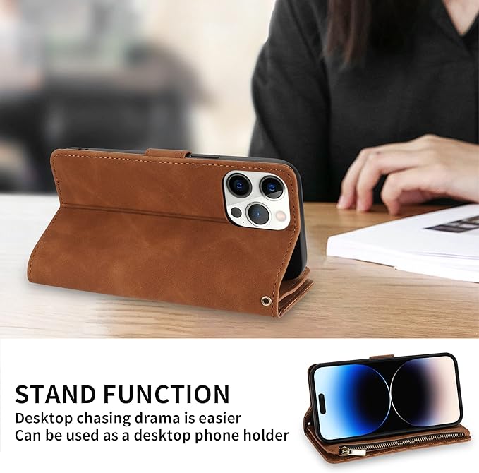 ZZXX for iPhone 14 Pro Max Case Wallet with [RFID Blocking] Card Slot Soft PU Leather Zipper Flip Folio with Wrist Strap Kickstand Protective Cover for iPhone 14 Pro Max Wallet Case(Brown-6.7 inch)