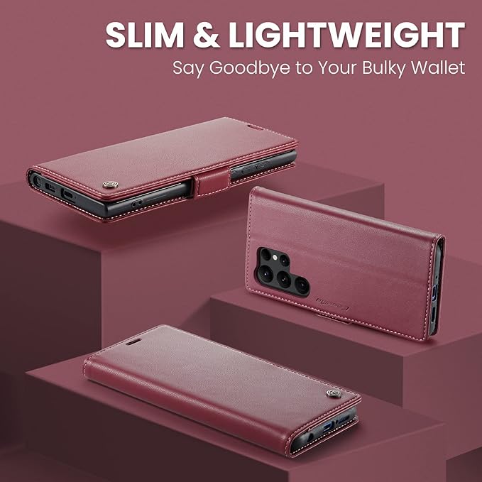 AUPAI for Samsung Galaxy S23 Ultra Wallet Case with Credit Card Holder, PU Leather RFID Blocking Folio Flip Kickstand Magnetic Clasp Protective Phone Cover for Women Men Wine Red