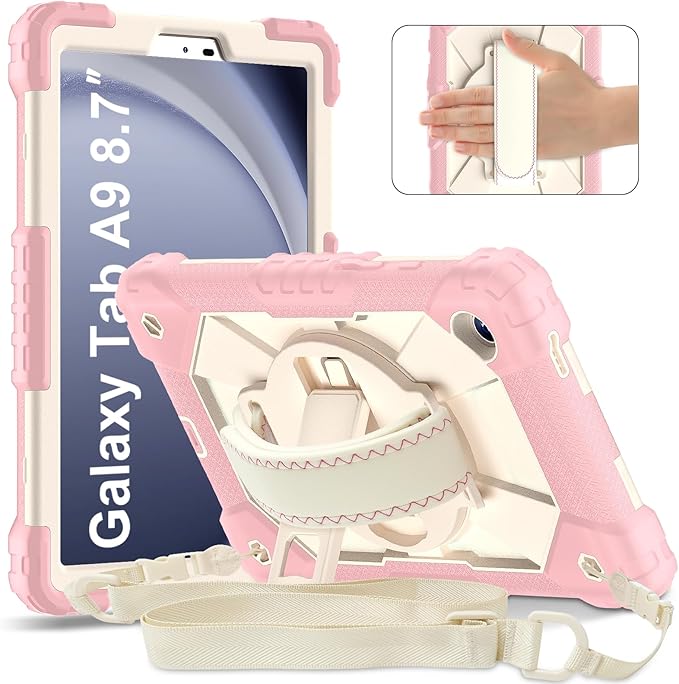 for Samsung Galaxy Tab A9 Case 8.7 inch (SM-X110/X115/X117), Heavy Duty Shockproof Silicone Cover Rugged 360 Stand Hand Shoulder Strap for Galaxy A9 Tablet Rose Red+Cream Stone