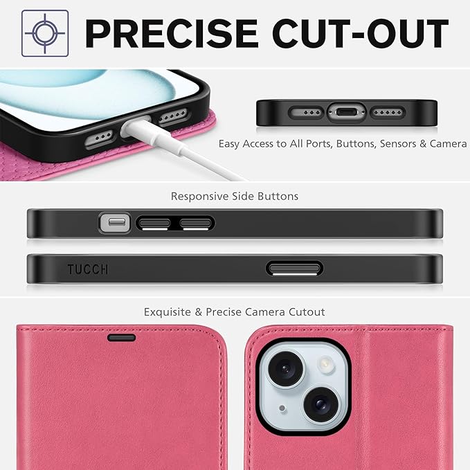 TUCCH Case Wallet for iPhone 15 6.1", Kickstand PU Leather Magnetic Protective Flip Cover with [RFID Blocking] [4 Card Slots] [TPU Interior Case] Compatible with iPhone 15 5G 6.1" 2023, Hot Pink
