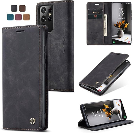 for Samsung Galaxy S21 Ultra Case, Flip Wallet Leather Case with Card Holder Magnetic Closure Shockproof Kickstand Protective Phone Cases Cover for Samsung S21 Ultra,Black