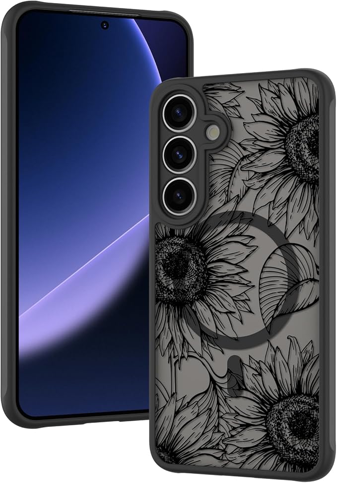 Fiyart Designed for Samsung Galaxy S25 Case Matte Flowers Design Compatible with MagSafe,Cute Sunflowers Anti-Scratch Translucent Phone Cover for Women Girls 6.1"-Black