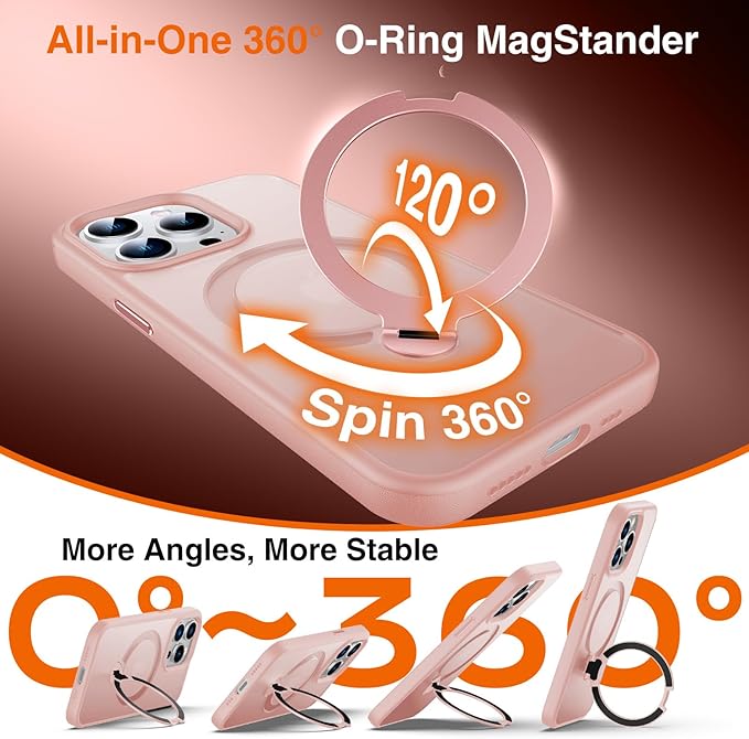 360° O-Ring MagStander for iPhone 14 Pro Case with Magnetic Kickstand Ring Holder [Compatible with MagSafe][360°Rotate Stand Ring][Military Shockproof] iPhone 14 Pro Phone Cover Matte Pink
