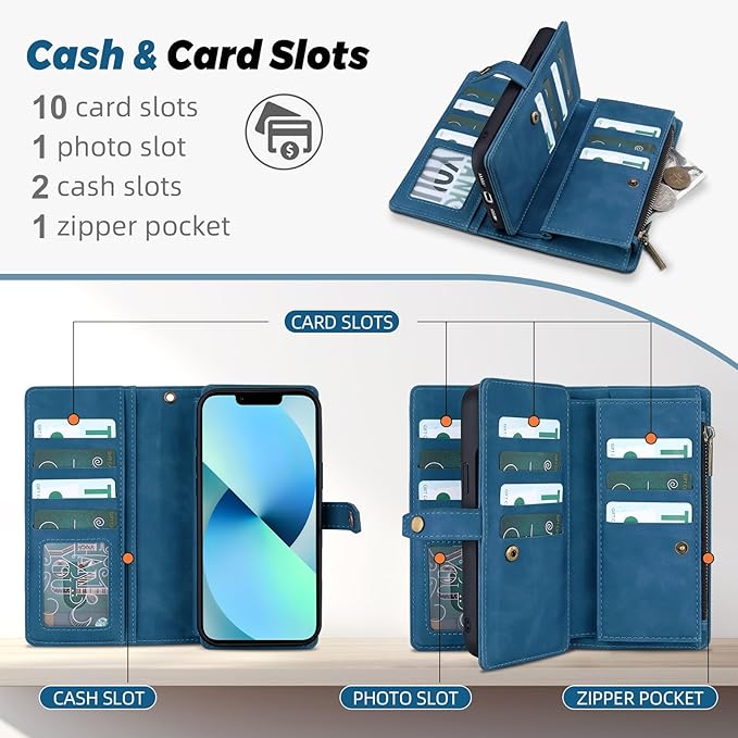 TwoHead Designed for iPhone 13 Wallet Case with Card Holder,Detachable Magnetic Phone Case with Wallet PU Leather Wallet Phone Case for iPhone 13 Case Wallet for Women/Men with Wrist Strap(Navy Blue)