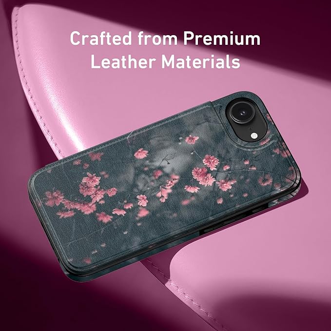 FUNMIKO for iPhone 16e Wallet Case with Card Holder, RFID-Blocking, Military-Grade Protection & UV-Printed Artwork, Magnetic Closure with Leather Kickstand - Mystic Blooming Plum