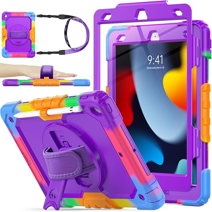 SEYMAC stock Case for iPad 9th/ 8th/ 7th Generation 10.2'', Shockproof with Screen Protector, Pencil Holder [360° Rotating Hand Strap] & Stand, for iPad 10.2 inch 2021-2019 (Purple+Colorful)