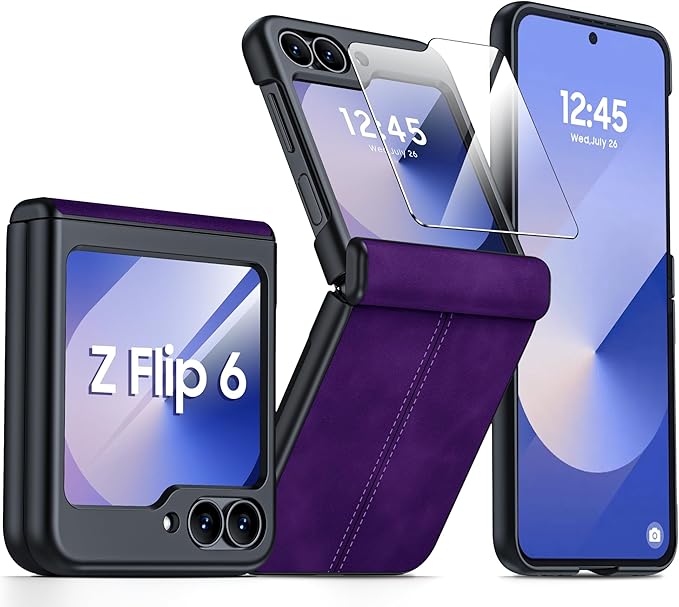 for Samsung Galaxy Z Flip 6 Case/Z Flip 7 FE Case with Hinge Protection & Built-in Screen Protector, Ultra Thin Leather Shockproof Cover Phone Case for Galaxy Z Flip 6/Z Flip 7 FE-Purple