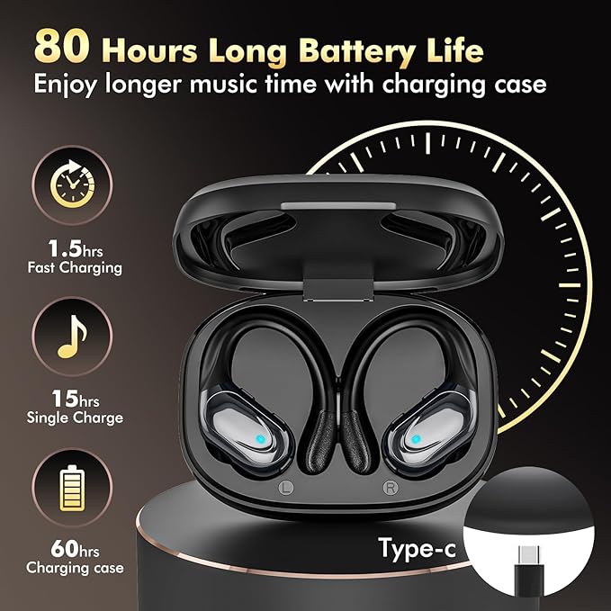 Wireless Earbuds, Sports Bluetooth Headphones, 80Hrs Playtime Ear Buds with LED Power Display, Noise Canceling Headset, IPX7 Waterproof Earphones for Workout/Running (Black)