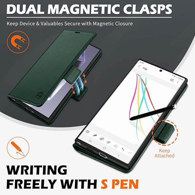 SHIELDON Case for Galaxy S25 Ultra 6.9", Genuine Leather Wallet Case with RFID Blocking Card Holder Kickstand Shock Absorbing Protective Cover Compatible with Galaxy S25 Ultra 2025 - Nappa Evergreen