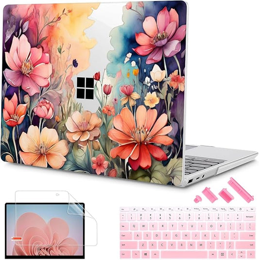 Tuiklol Case for 12.4 Inch Microsoft Surface Laptop Go 3/2 / 1 2023-2020 Releases, Plastic Hard Shell Case with Screen Protector and Keyborad Cover +Dust Plugs Model 2013/1943,Ilustration Flowers
