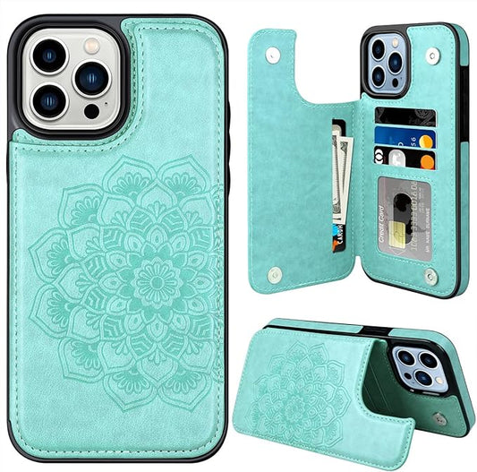 MMHUO for iPhone 15 Pro Max Case with Card Holder,Flower Magnetic Buttons Protective Wallet Case for Women for iPhone 15 Pro Max,Mint