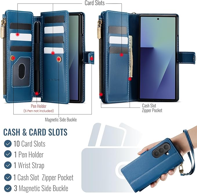 Vinich for Samsung Galaxy Z Fold 7 Wallet Case with Card Holder, Detachable Strap RFID Blocking Credit Slots Kickstand Shockproof Phone Cover for Women Men, Blue
