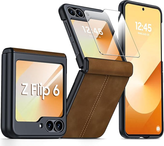 for Samsung Galaxy Z Flip 6 Case/Z Flip 7 FE Case with Hinge Protection & Built-in Screen Protector, Ultra Thin Leather Shockproof Cover Phone Case for Galaxy Z Flip 6/Z Flip 7 FE-Brown