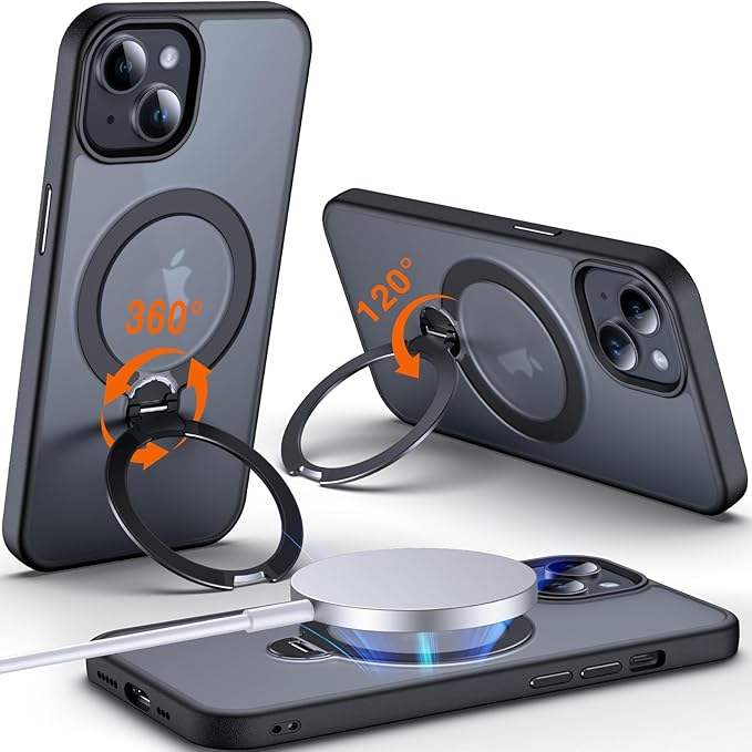 360° O-Ring MagStander for iPhone 13 Case, iPhone 14 Case with Magnetic Stand Ring Holder [Compatible with MagSafe][15FT Military Shockproof] Kickstand iPhone 13/14 Phone Cover Matte Black