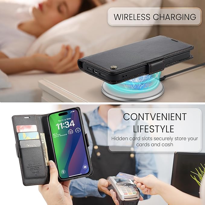 for iPhone 15 Case, Premium PU Leather Wallet Case Flip Cover with [RFID Blocking][Card Holder][Stand Function] Shockproof Protective for iPhone 15 Case, Black